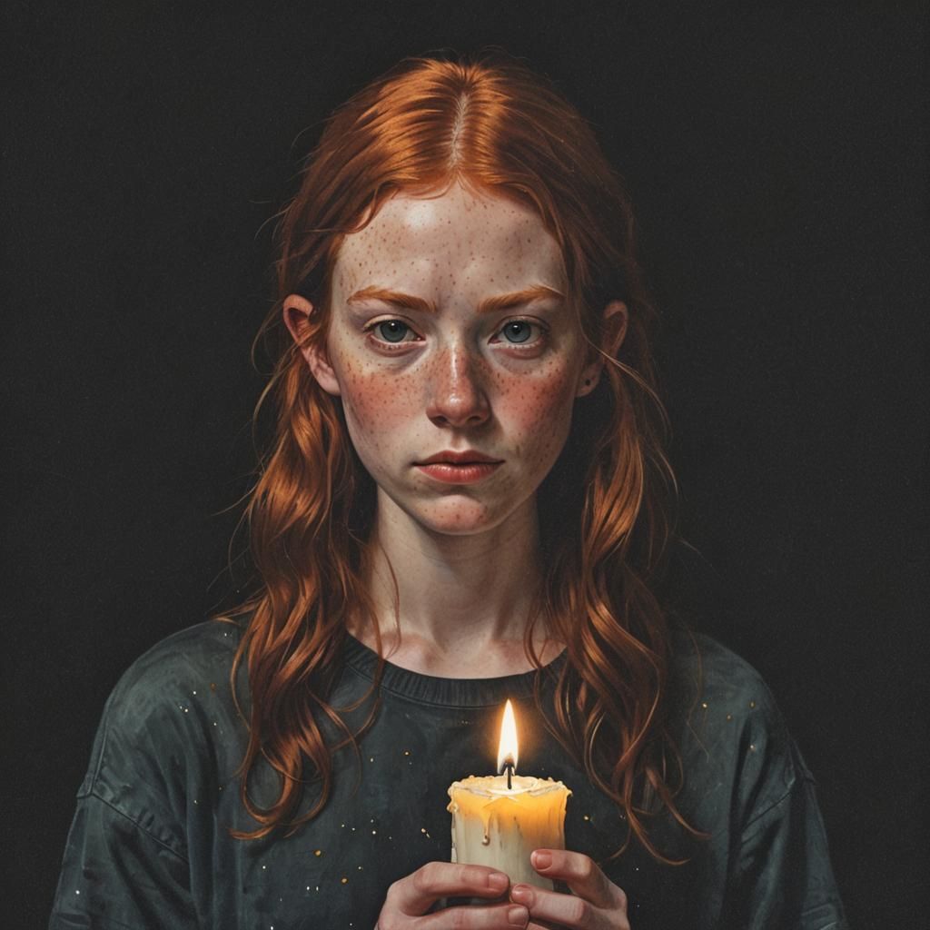 Photorealistic Portrait: Freckled Girl with Candle