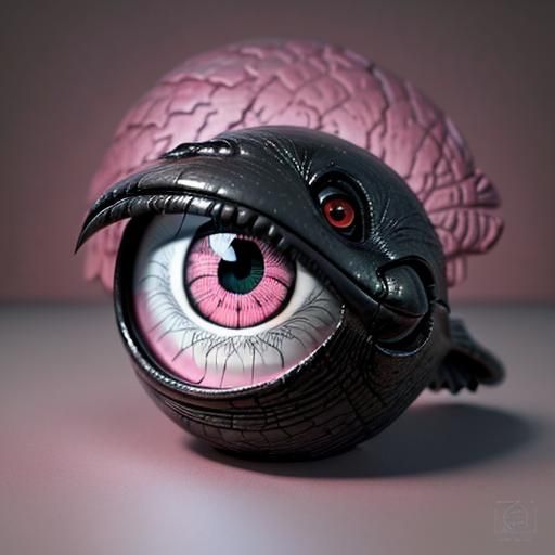 Surreal Cat with Eyeball Bird: 3D Render