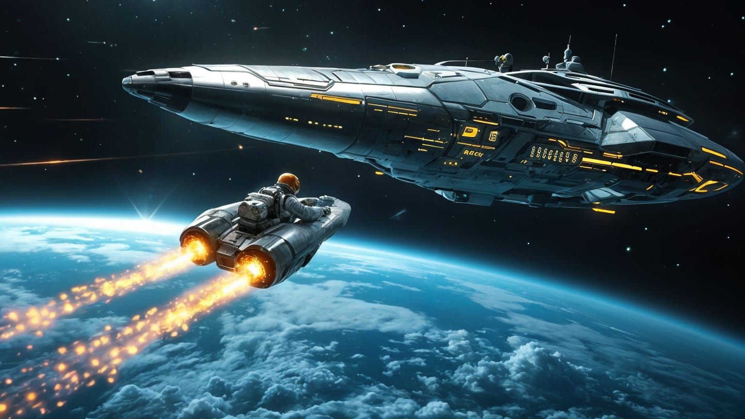 Astronaut in Flight Towards Mothership in Space