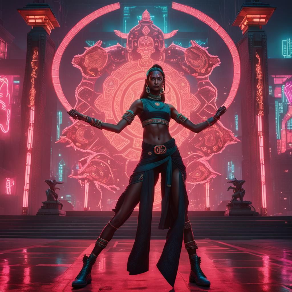Indian Goddess in Cyberpunk Temple