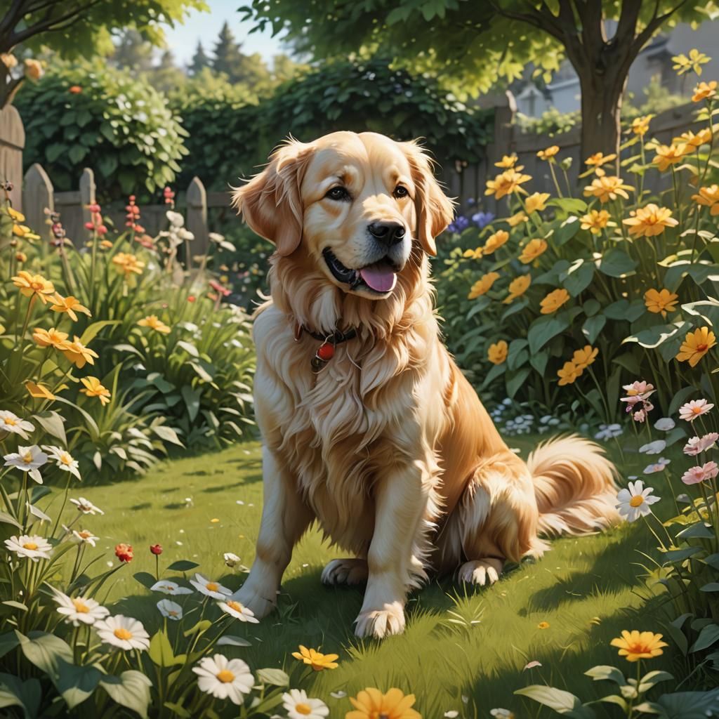 Playful Golden Retriever in Anime Garden