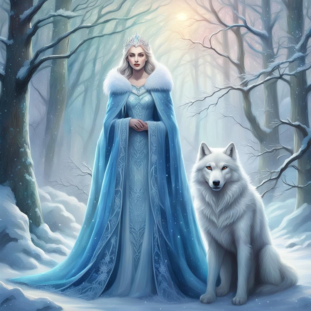 Ice Queen and Snow Wolf in Snowy Forest