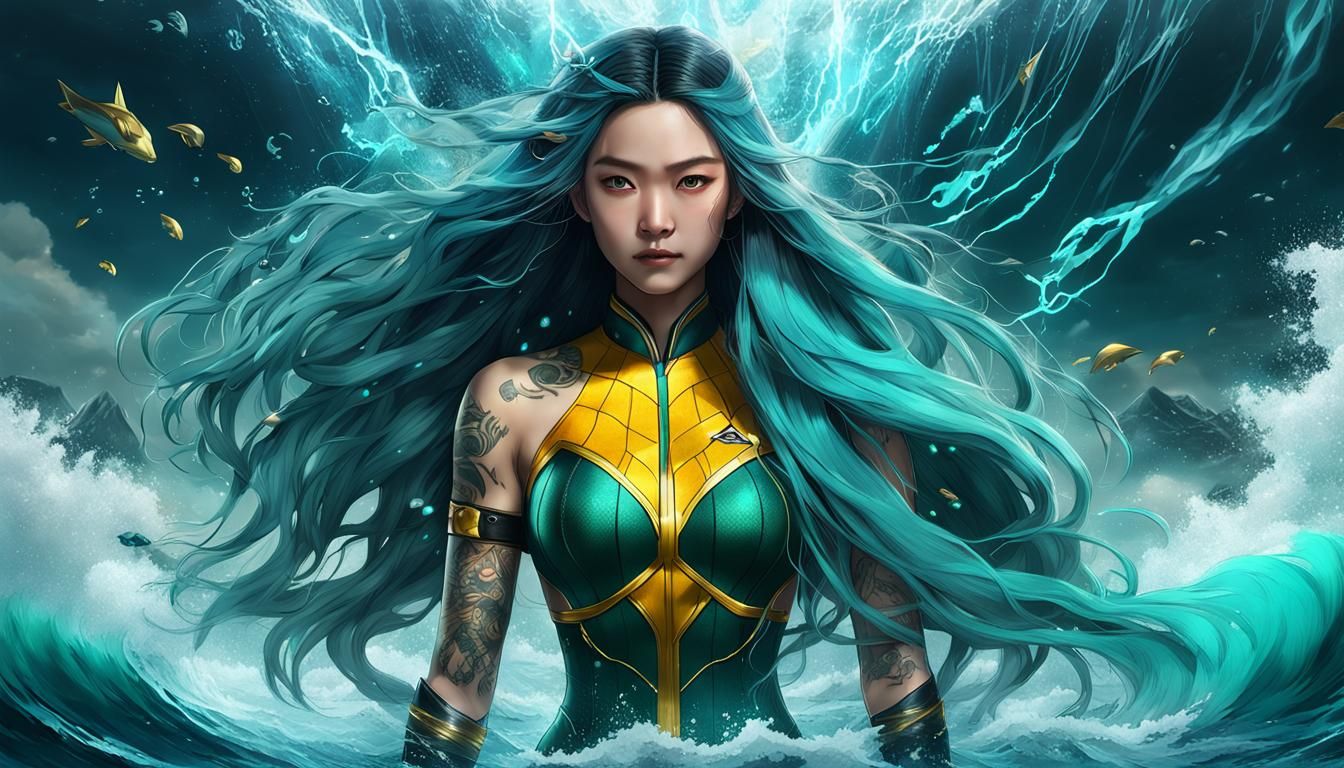 Anime Style Portrait of a Tattooed Woman in Aquaman Dress
