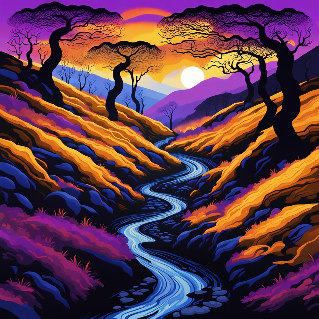 Misty Moor Landscape with Eerie Trees in Art Deco Style