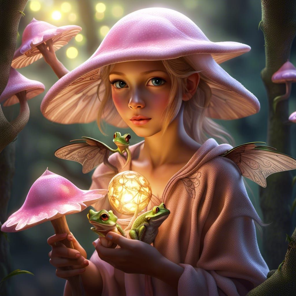 Winged Fairy Holding Frog-Mushroom in Bioluminescent Forest