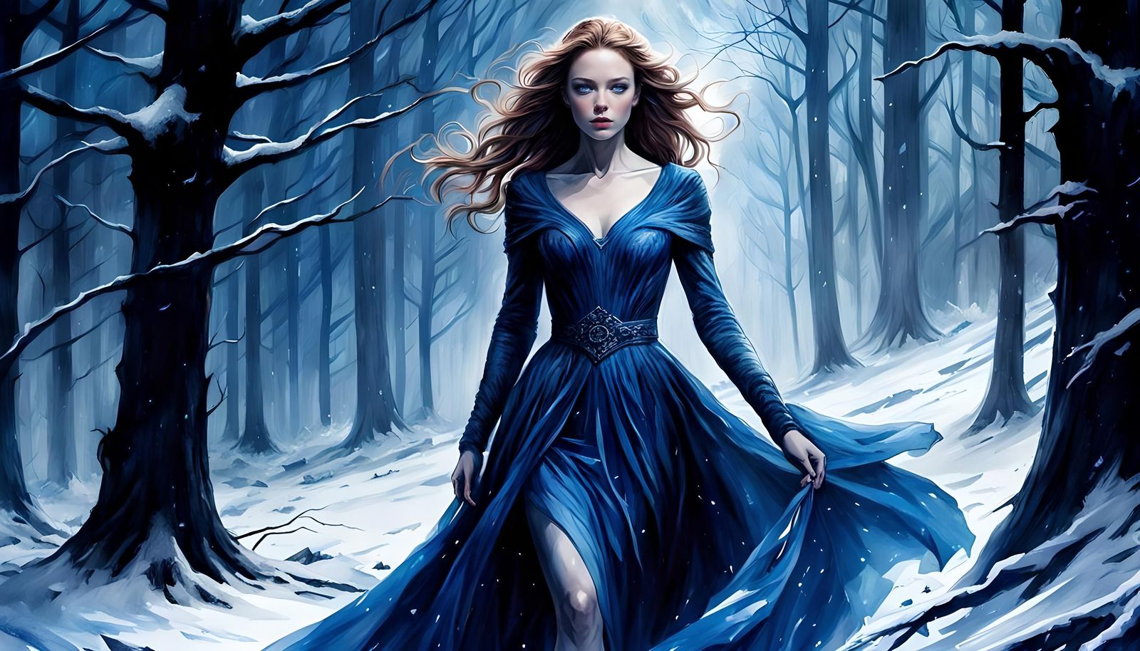 Scared Teenager Lost in Snowy Fantasy Woods