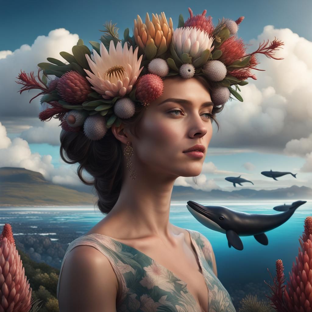 Dreamlike Woman with Whales, Fantasy Concept Art