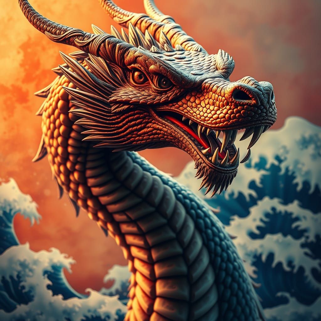 Hyperrealistic Dragon Portrait in Hokusai Style