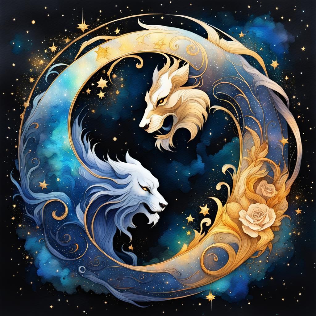 Beauty and Beast Yin Yang in Liquid Watercolor