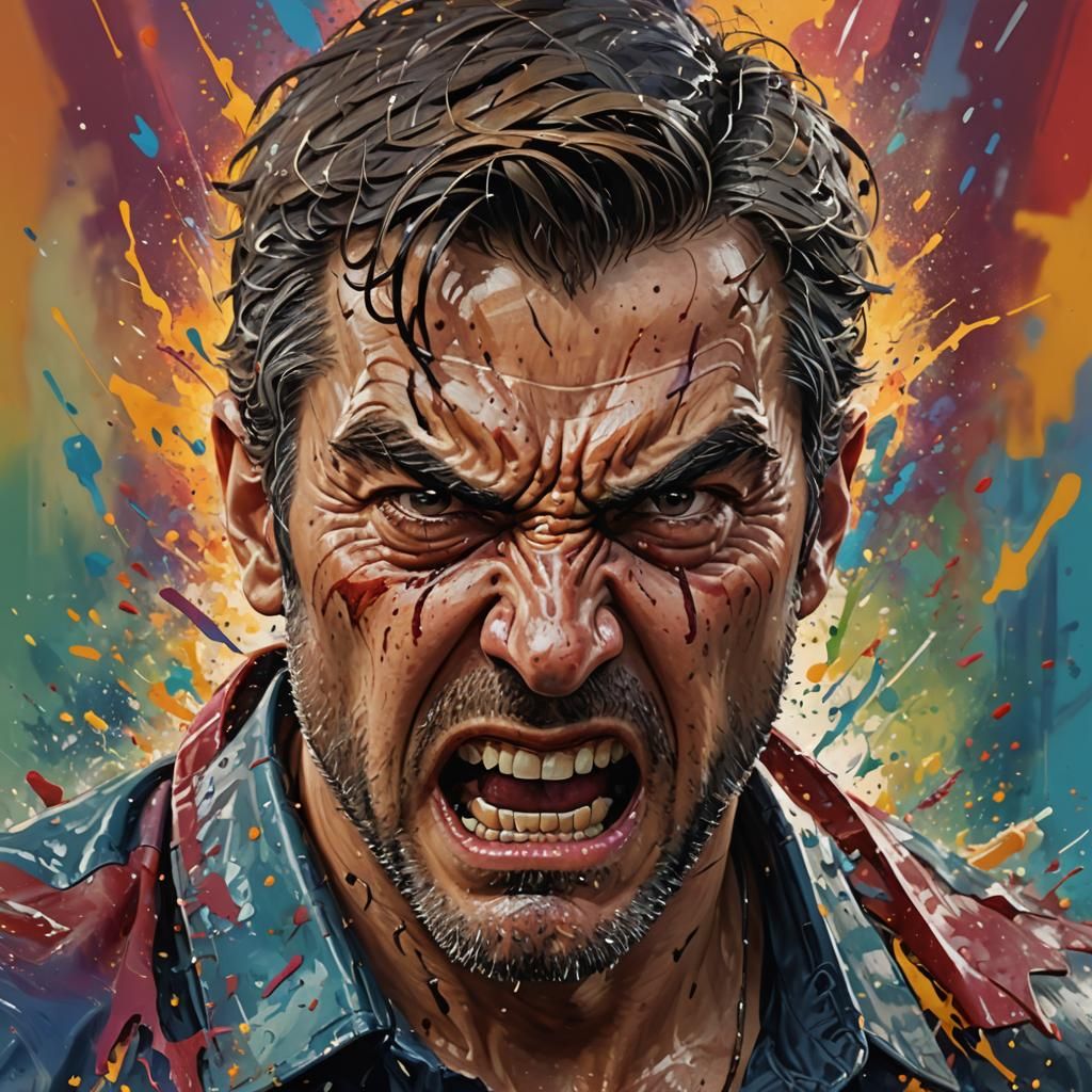 Hyperrealistic Angry Man in Splash Art Style