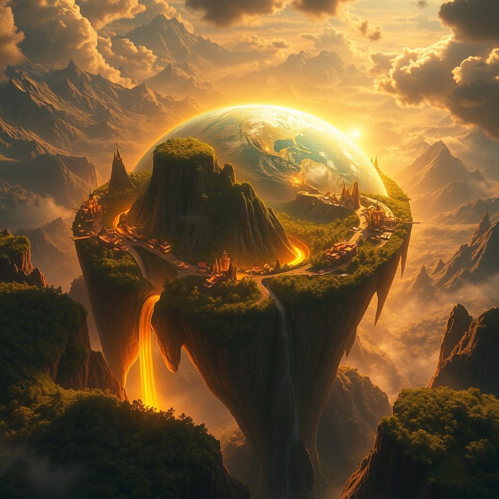 Majestic Flying Earth with Lush Forests and Glowing Cities