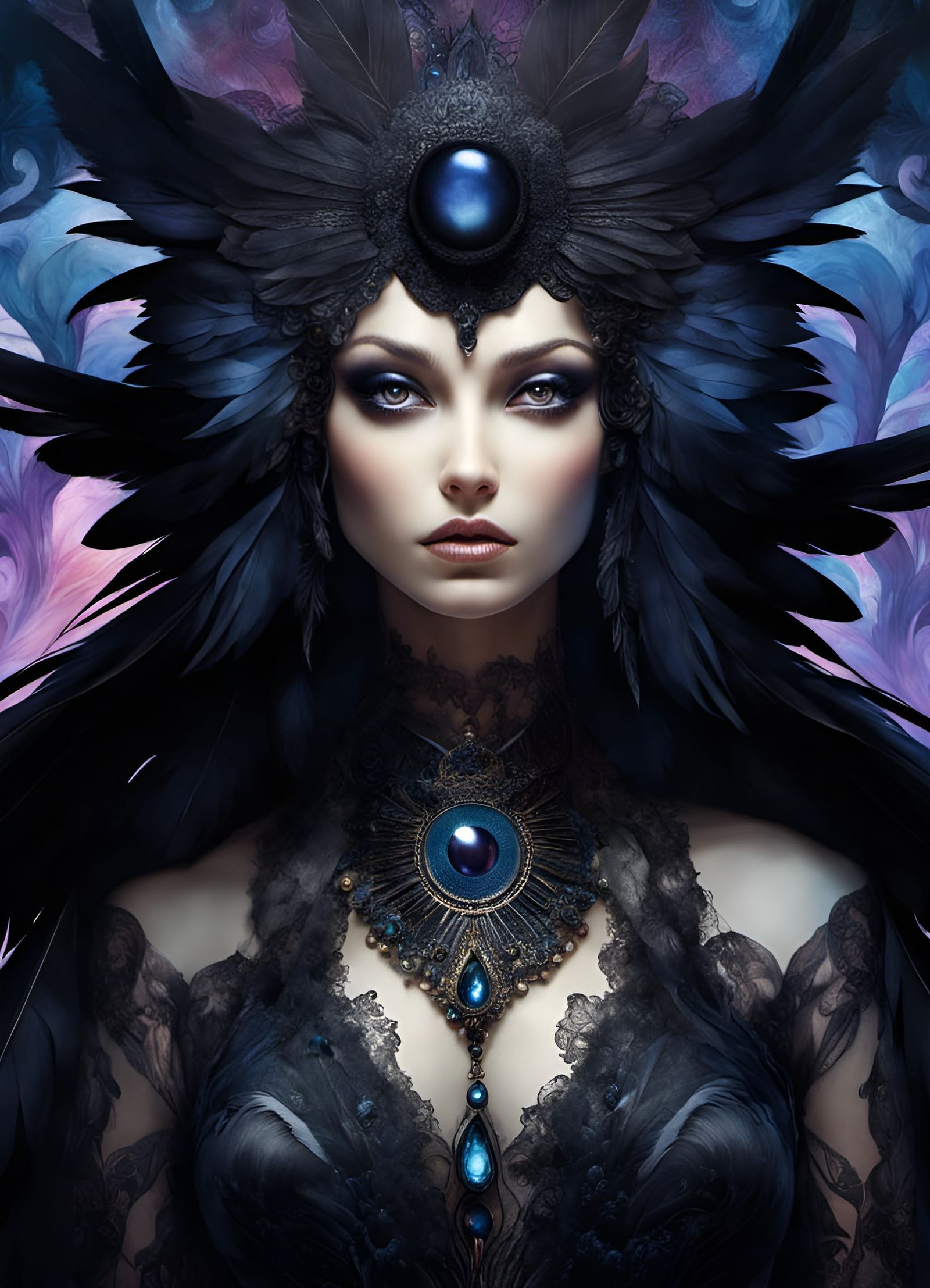 Raven Shadow Goddess Portrait in Fantasy Art Style