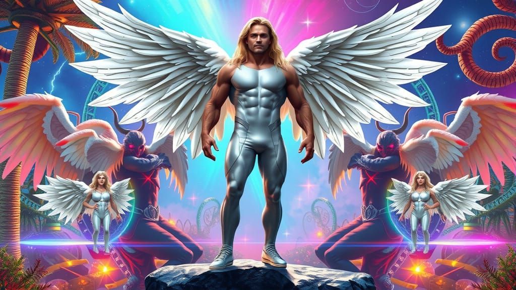 Winged Man in Neon Garden, Comic Book Art