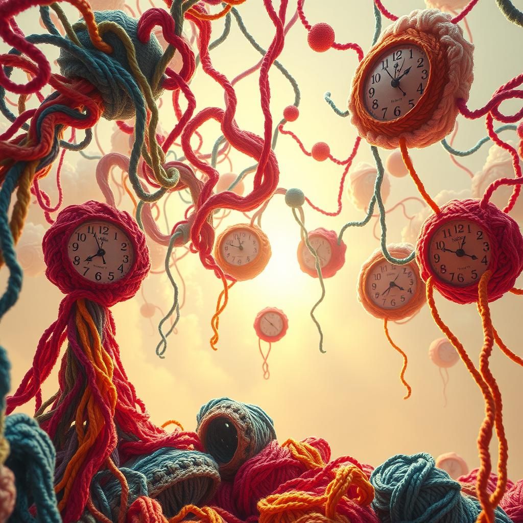 Surreal Crocheted Dreamscape with Melting Clocks