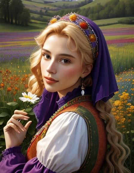 Beautiful Blonde Peasant Woman Portrait with Flowers