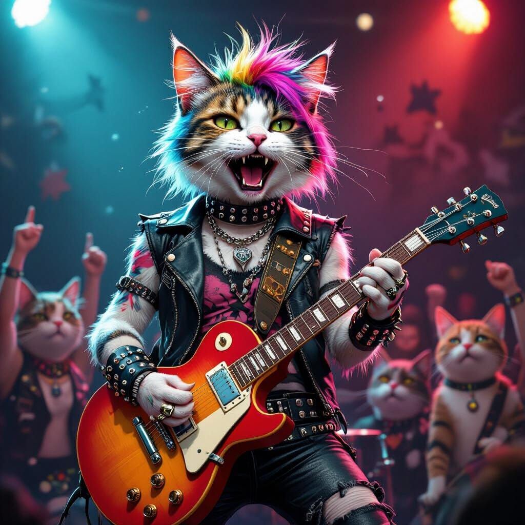 Punk Rock Cat Portrait in Trashpunk Style