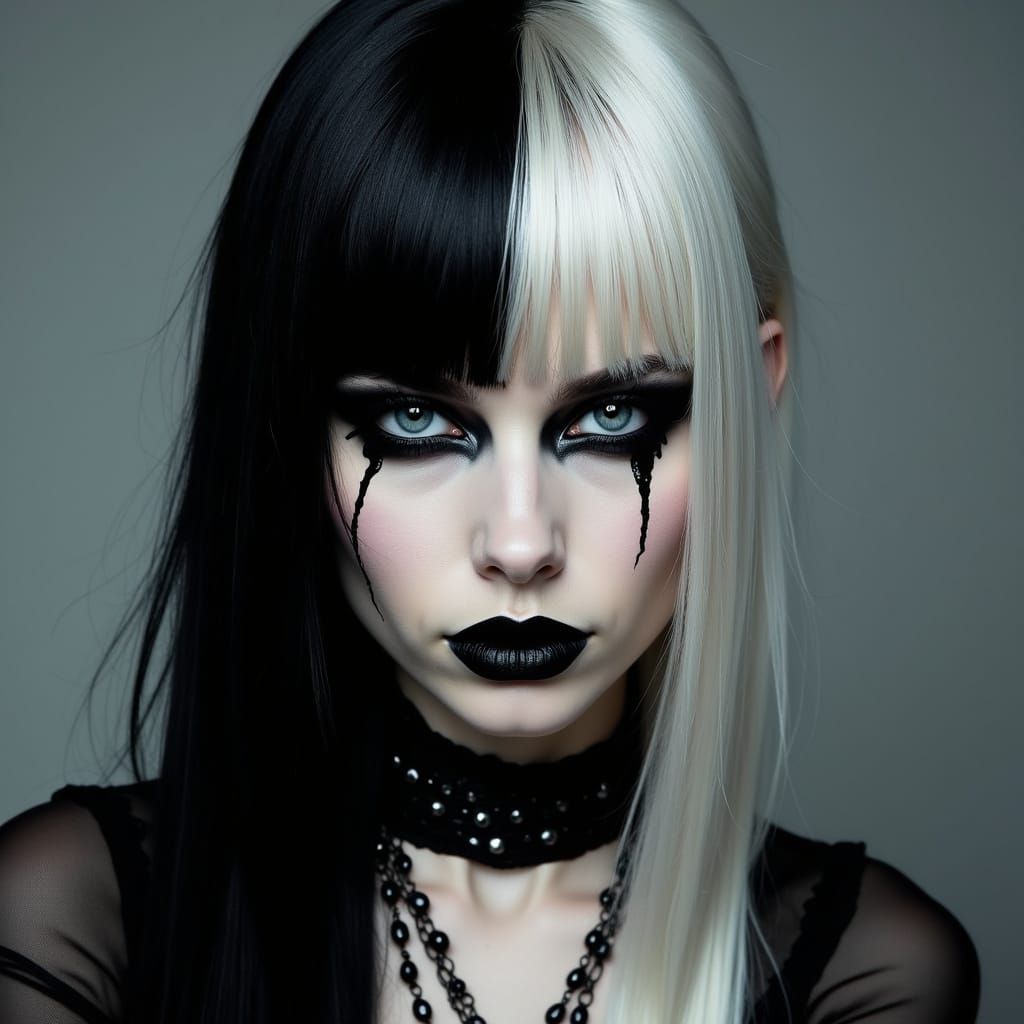 Goth Woman with Striking Black and White Hair