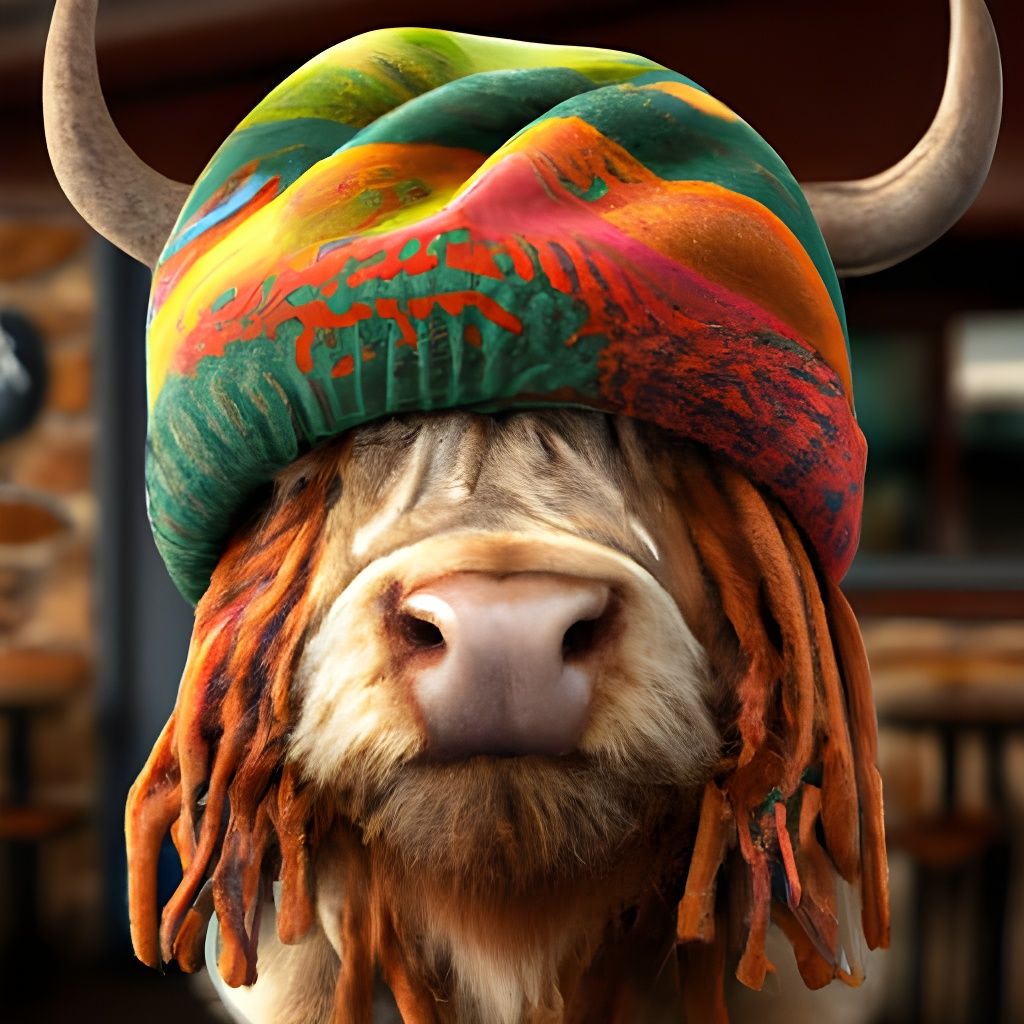 Highland Cow in Rasta Beanie: Digital Art