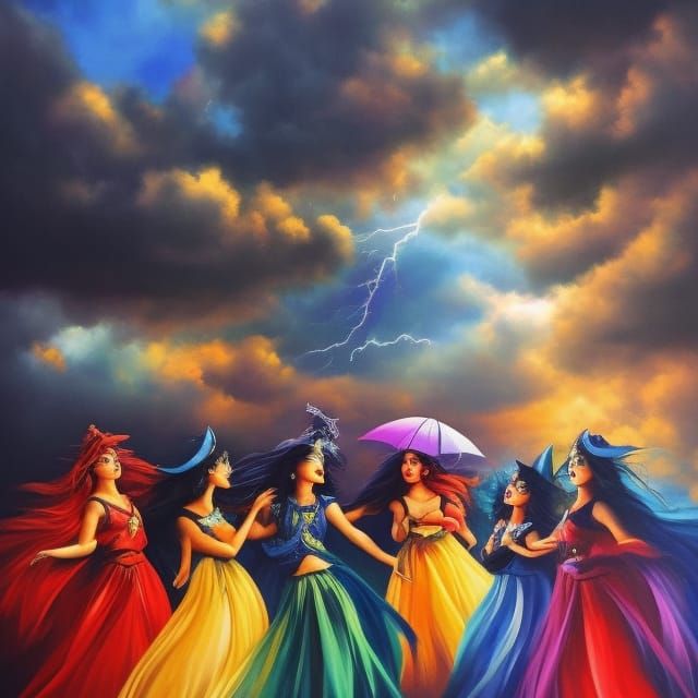 Witches Dancing Under Stormy Sky: Oil Painting