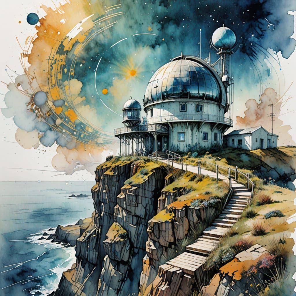 Dreamy Watercolour Observatory on a Cliffside