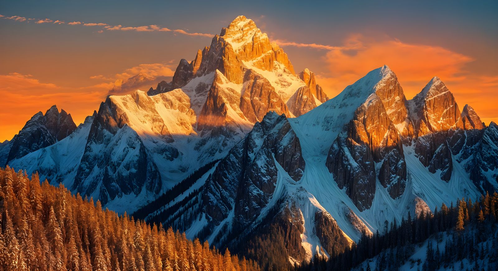 Colorful Sunset Over Snowy Mountain Peaks