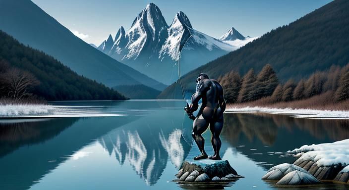 Gorilla Fishing in Mountainous Landscape