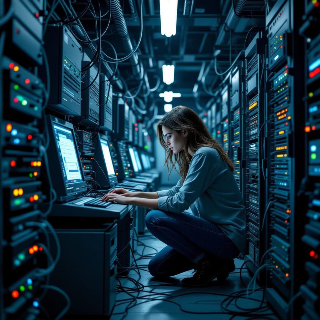 Dystopian Server Room File Transfer in Digital Art Style