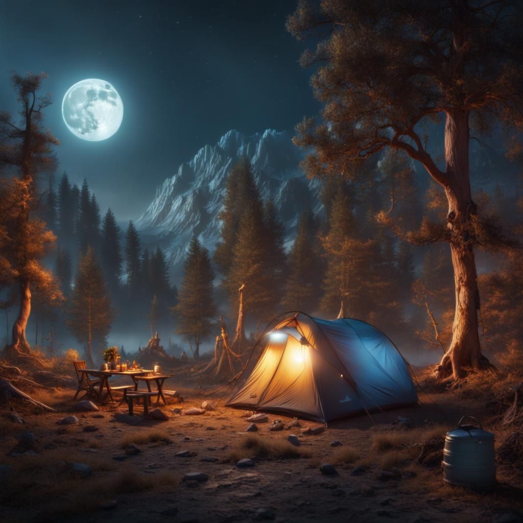 Fantastical Camping Scene Under a Double Moon