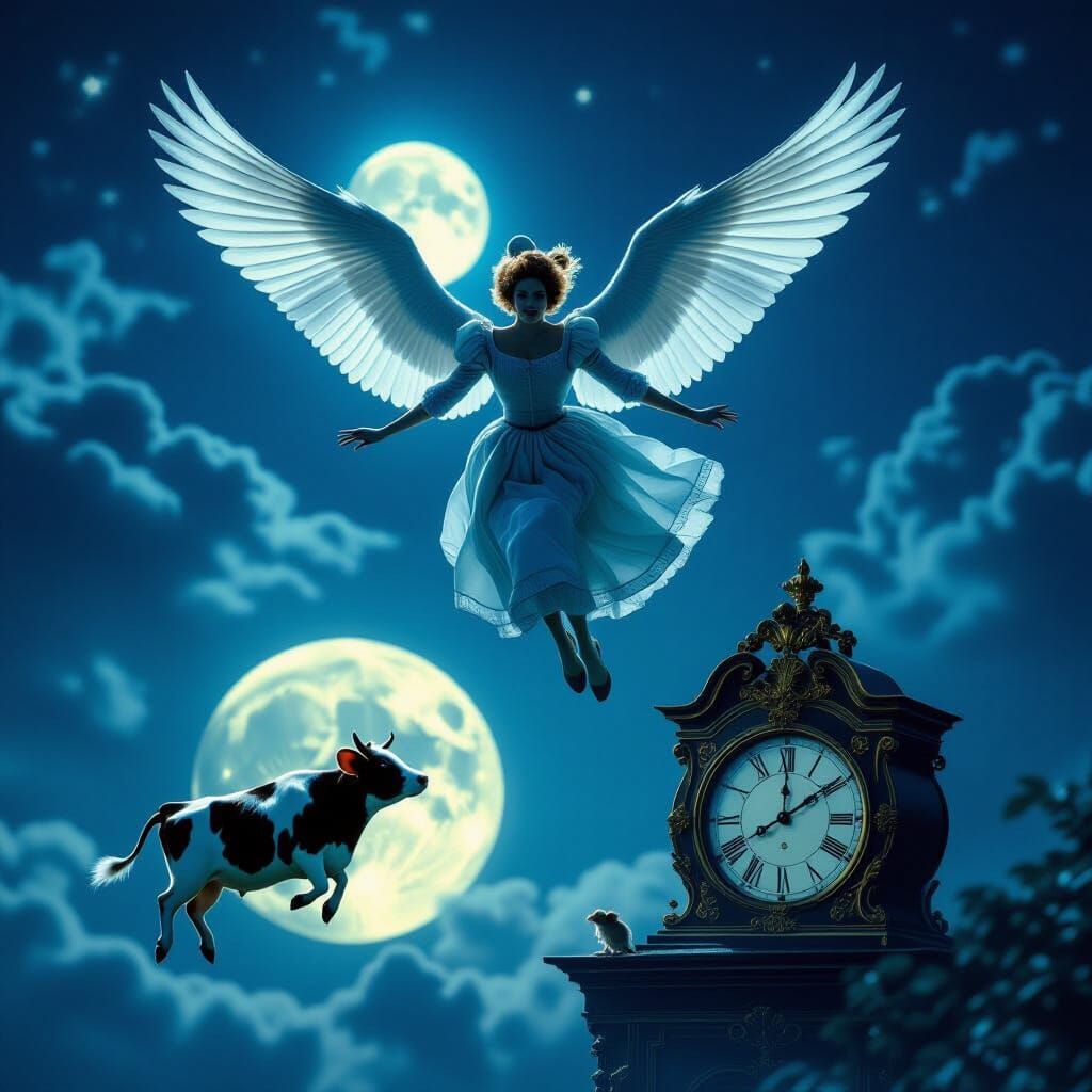 Mother Goose Soars Over Cow Jumping Moon, Mouse Climbs Clock