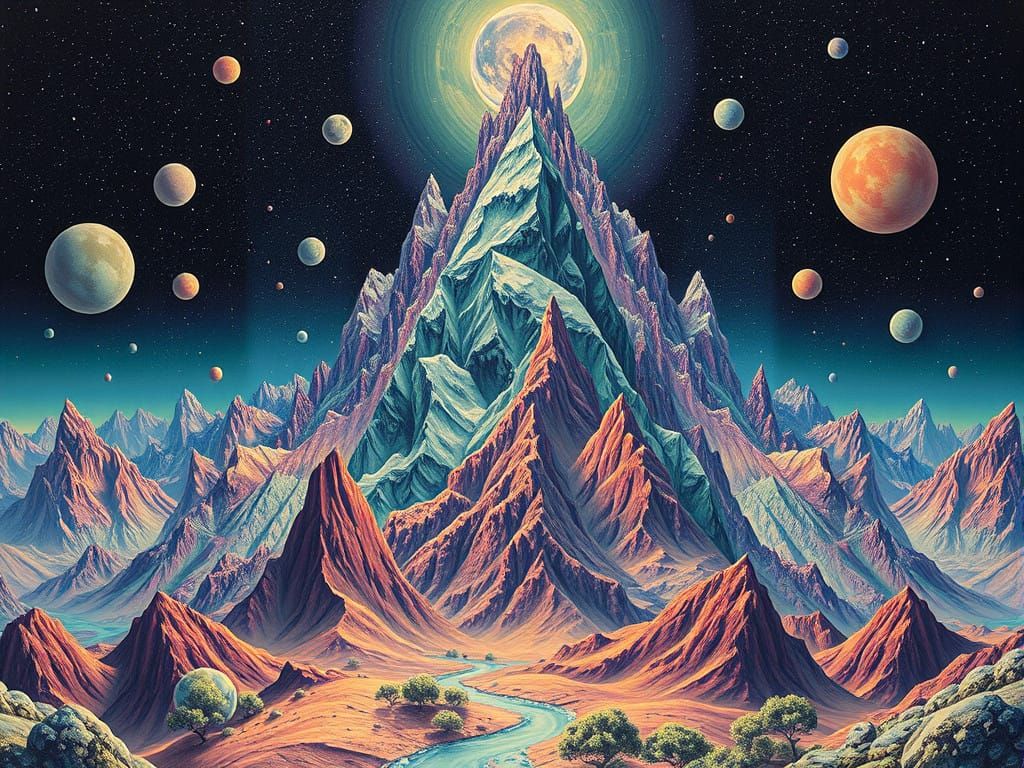 Escher-Inspired Psychedelic Alien Mountain Landscape