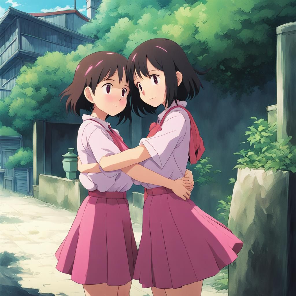 Anime Girls Hugging: Ghibli Style Key Visual