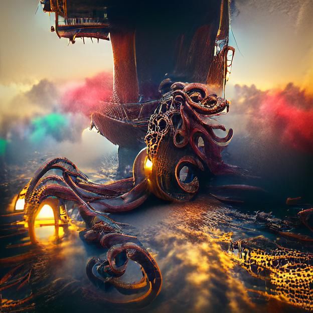 Kraken Attacks Pirate Ship with Tentacles
