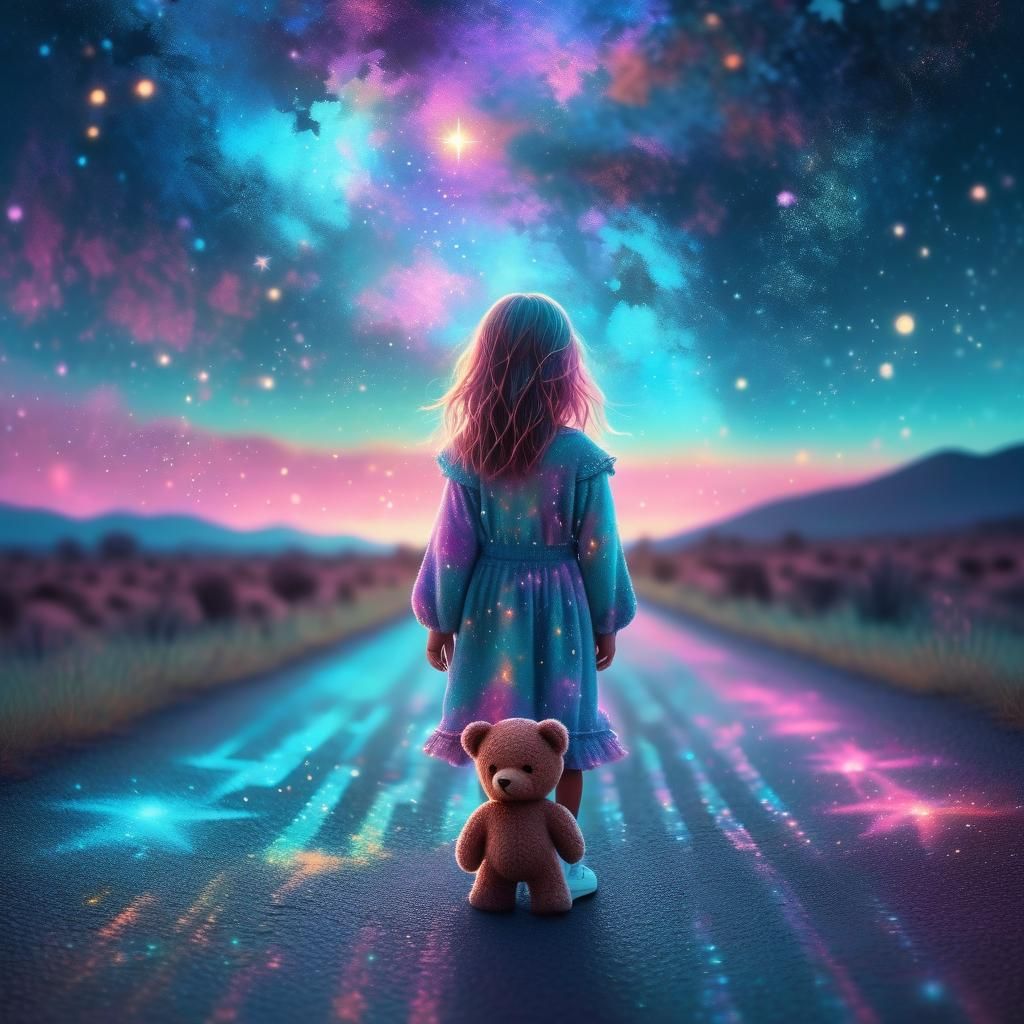 Little Girl on Starry Road in Surreal Style