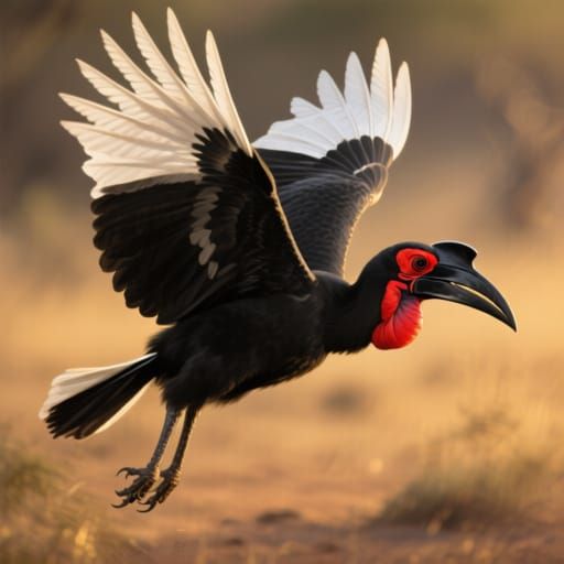 Southern Ground Hornbill in Majestic Flight - Hyperrealistic...