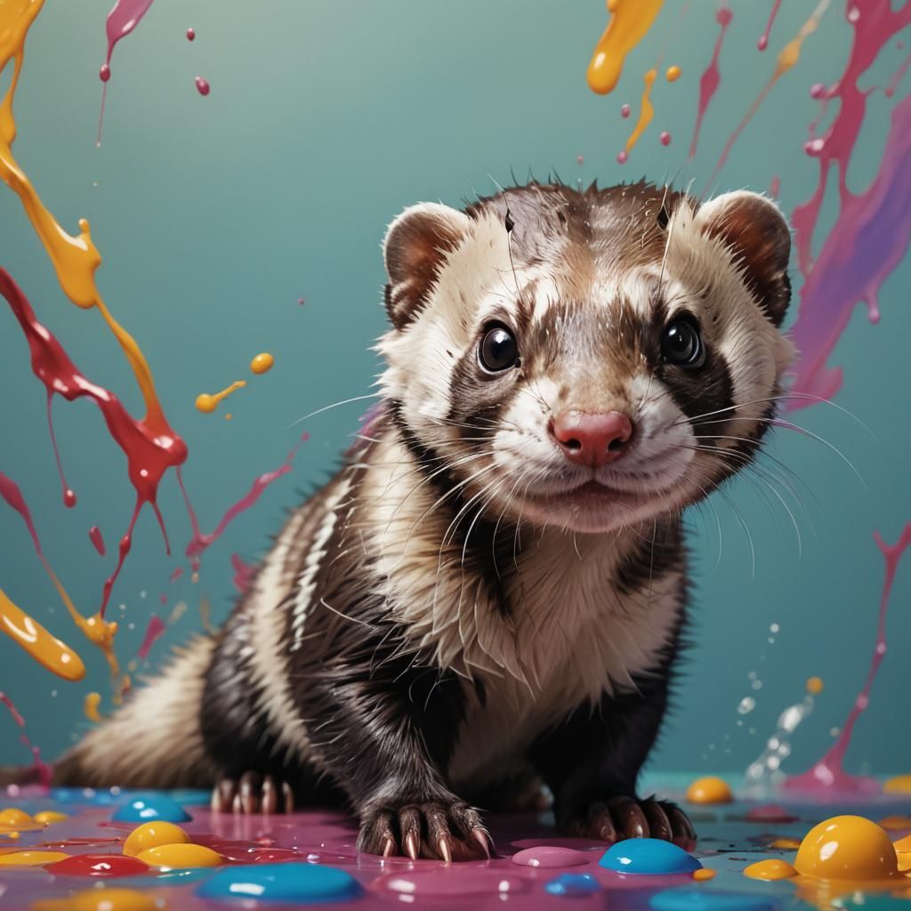 Playful Ferret Portrait in Hyperrealistic Splash Art