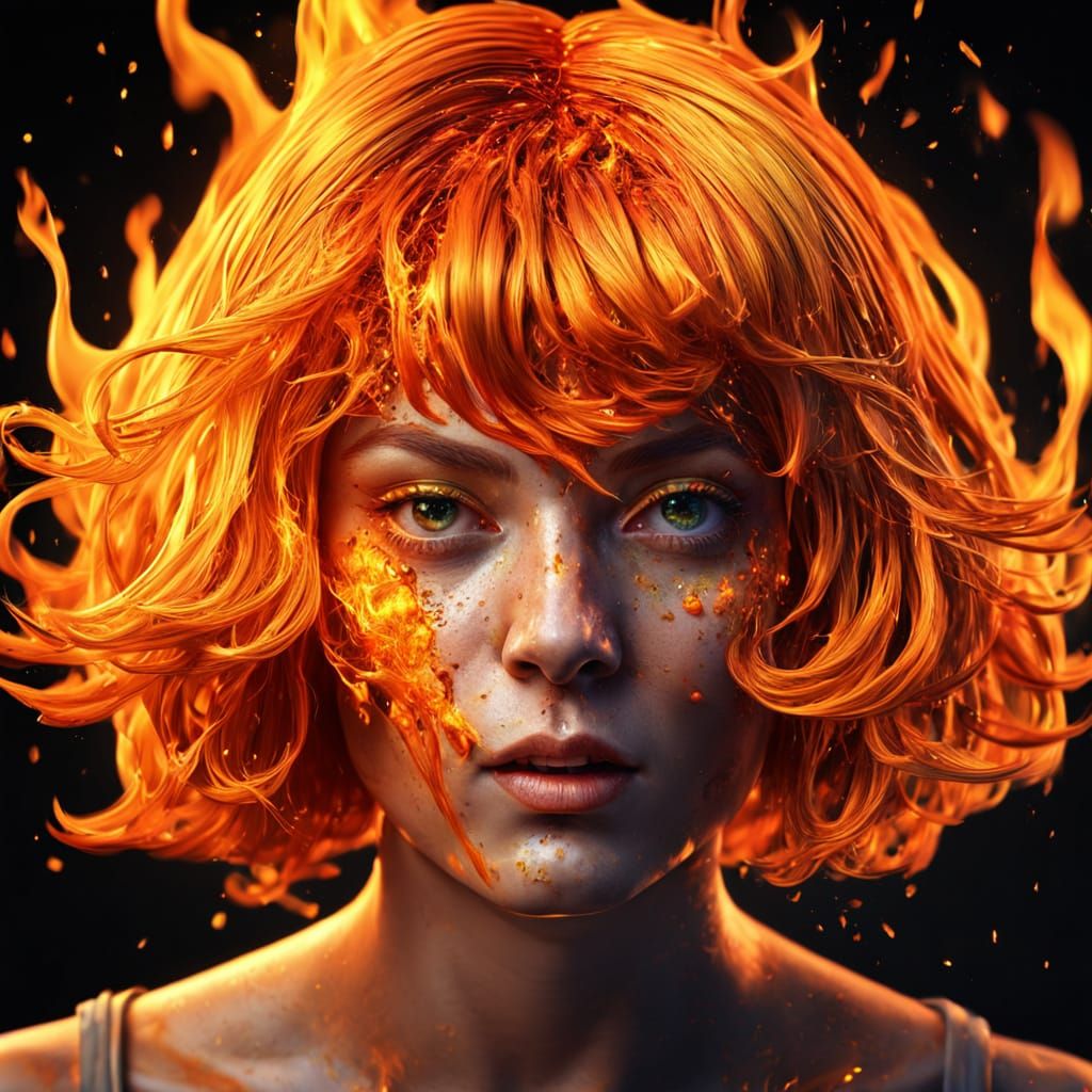 Fiery Woman: Hyperrealistic Macro Photography of Burning Wig