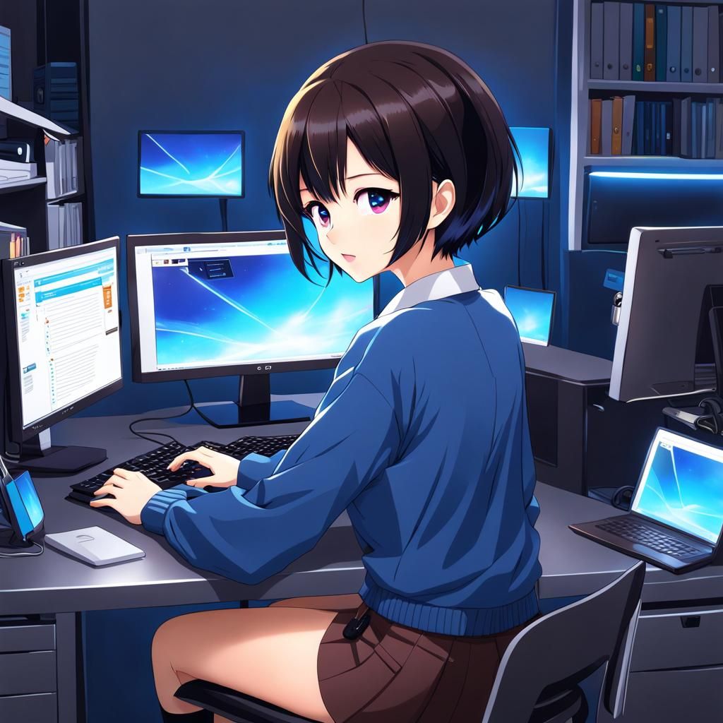 Anime Style Woman at Computer with Blue Hair Tips