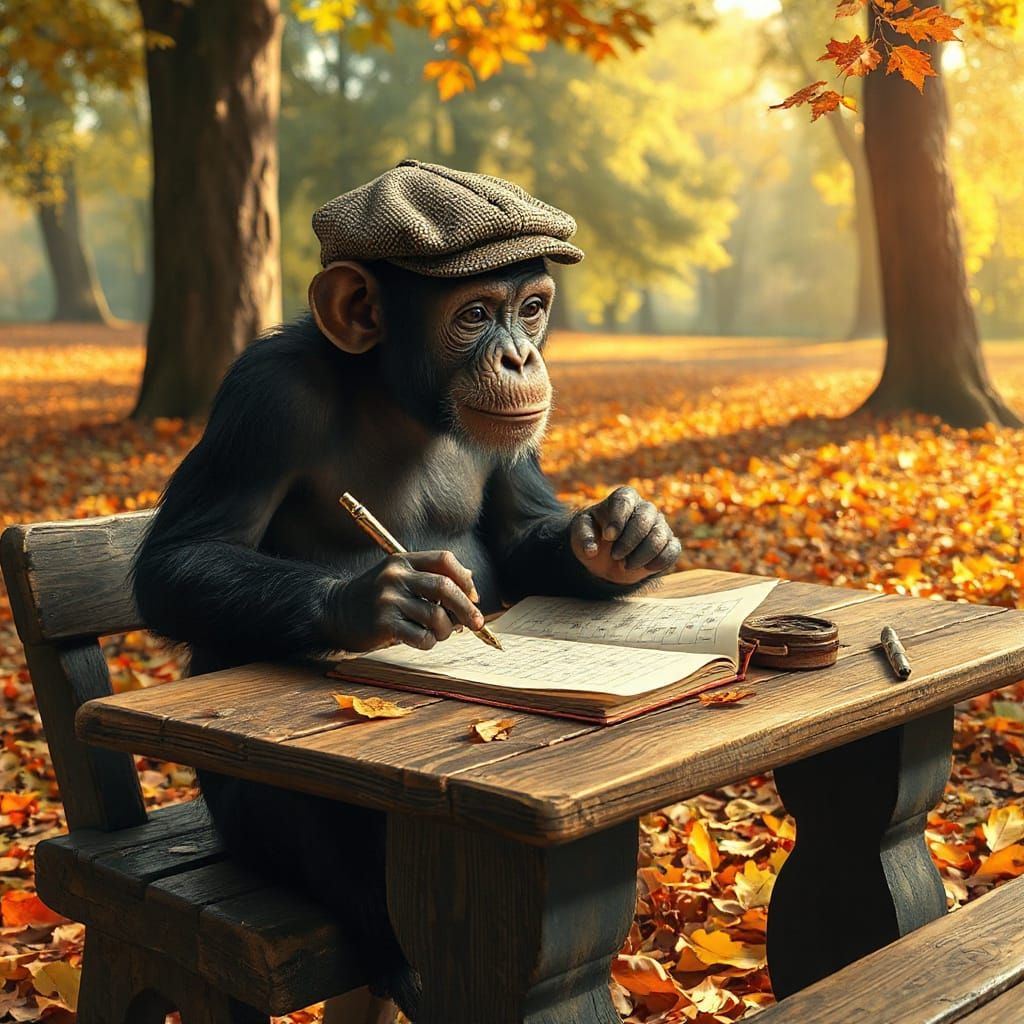 Chimpanzee Solves Crossword in Autumn Park