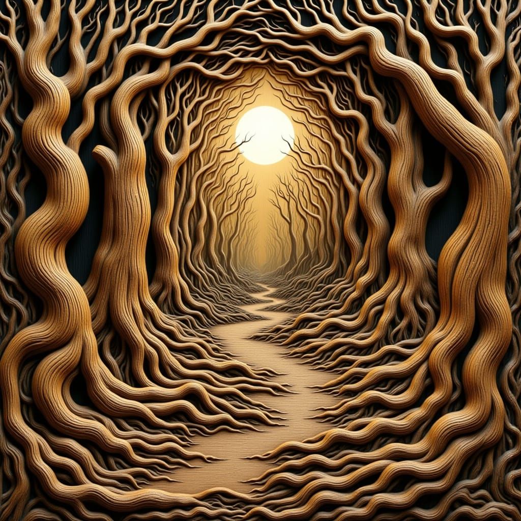 Enchanted Forest Wood Sculpture in Whimsical Art Nouveau Sty...