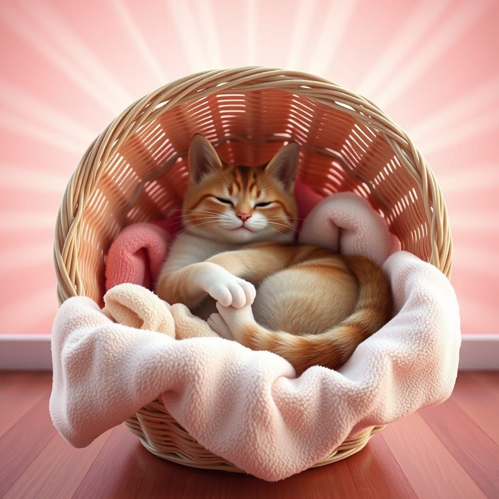 Cozy Cat in Laundry Basket: 3D Digital Art