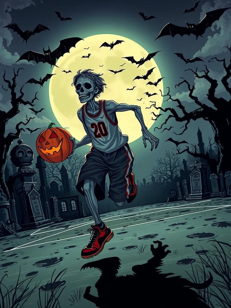 Undead Basketball Player in Haunted Field, Digital Art