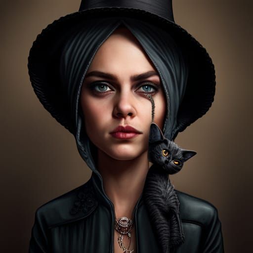 Intricate Skeleton Creature with Black Cat