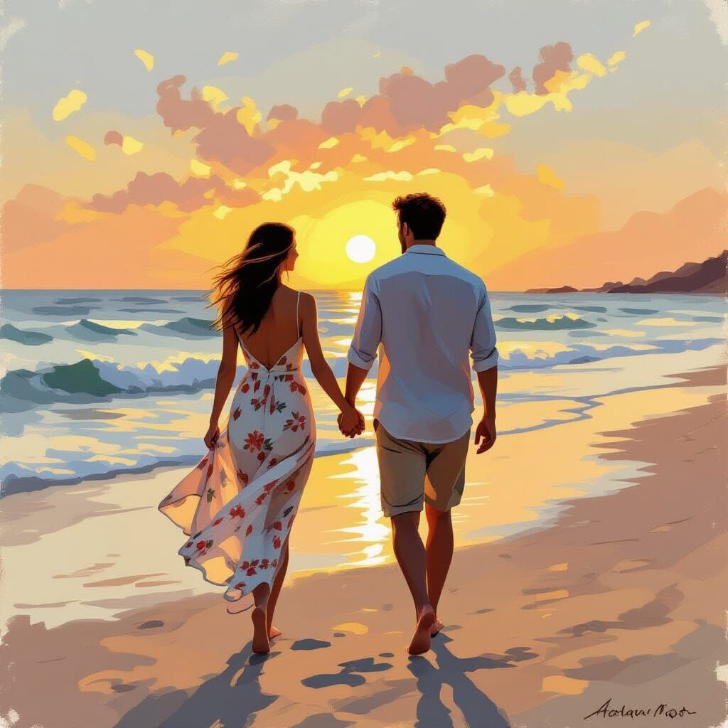Romantic Sunset Beach Walk: Impressionist Style