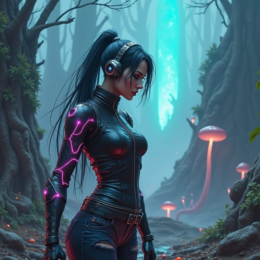 Cyberpunk Woman in Mystical Neon Forest