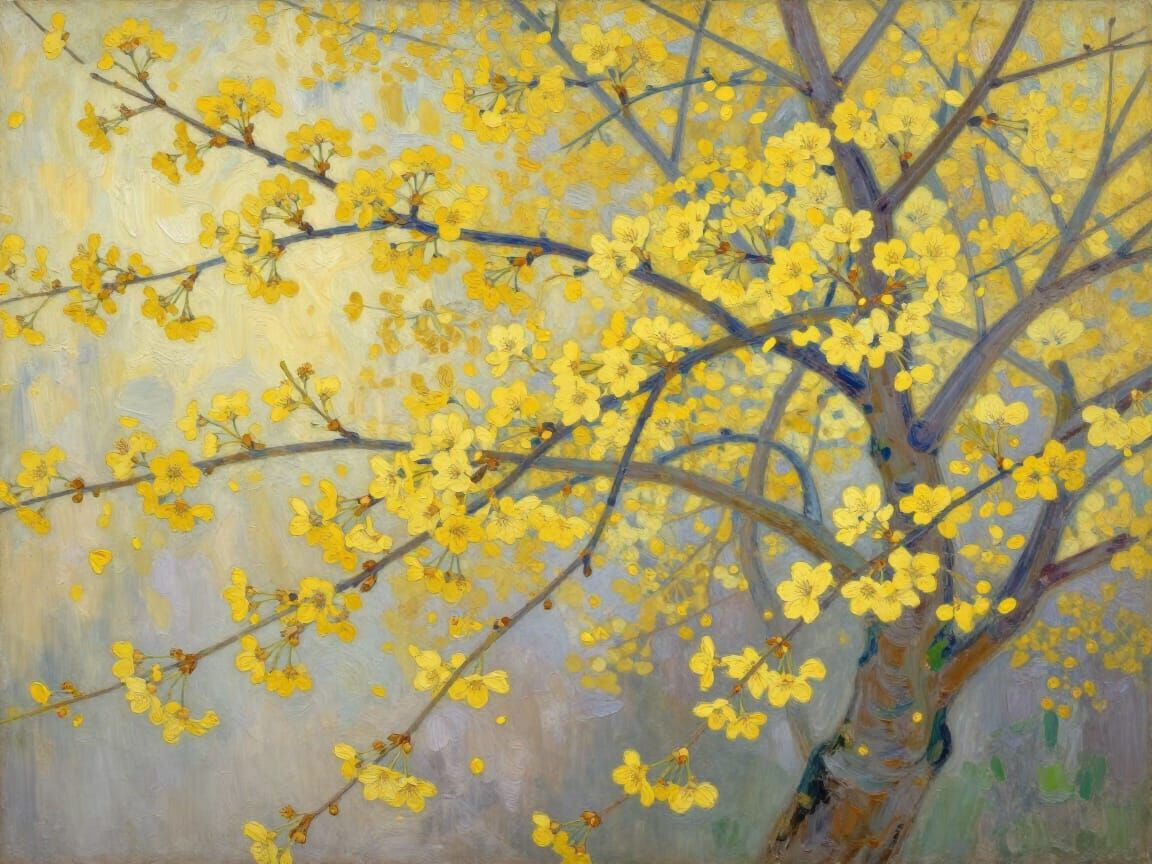 Japanese Cherry Blossoms in Poetic Woodblock Style