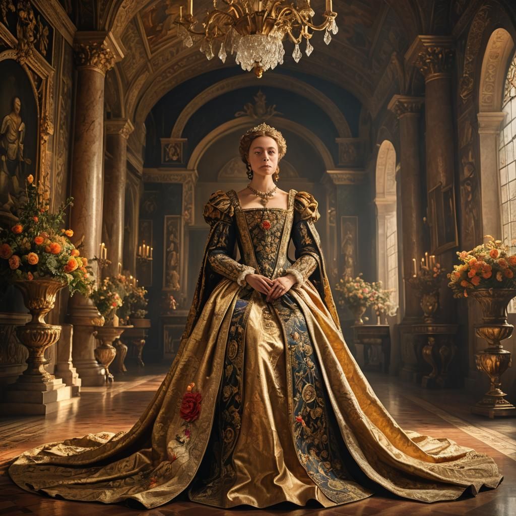 Renaissance Portrait of Countess with Golden Flowers
