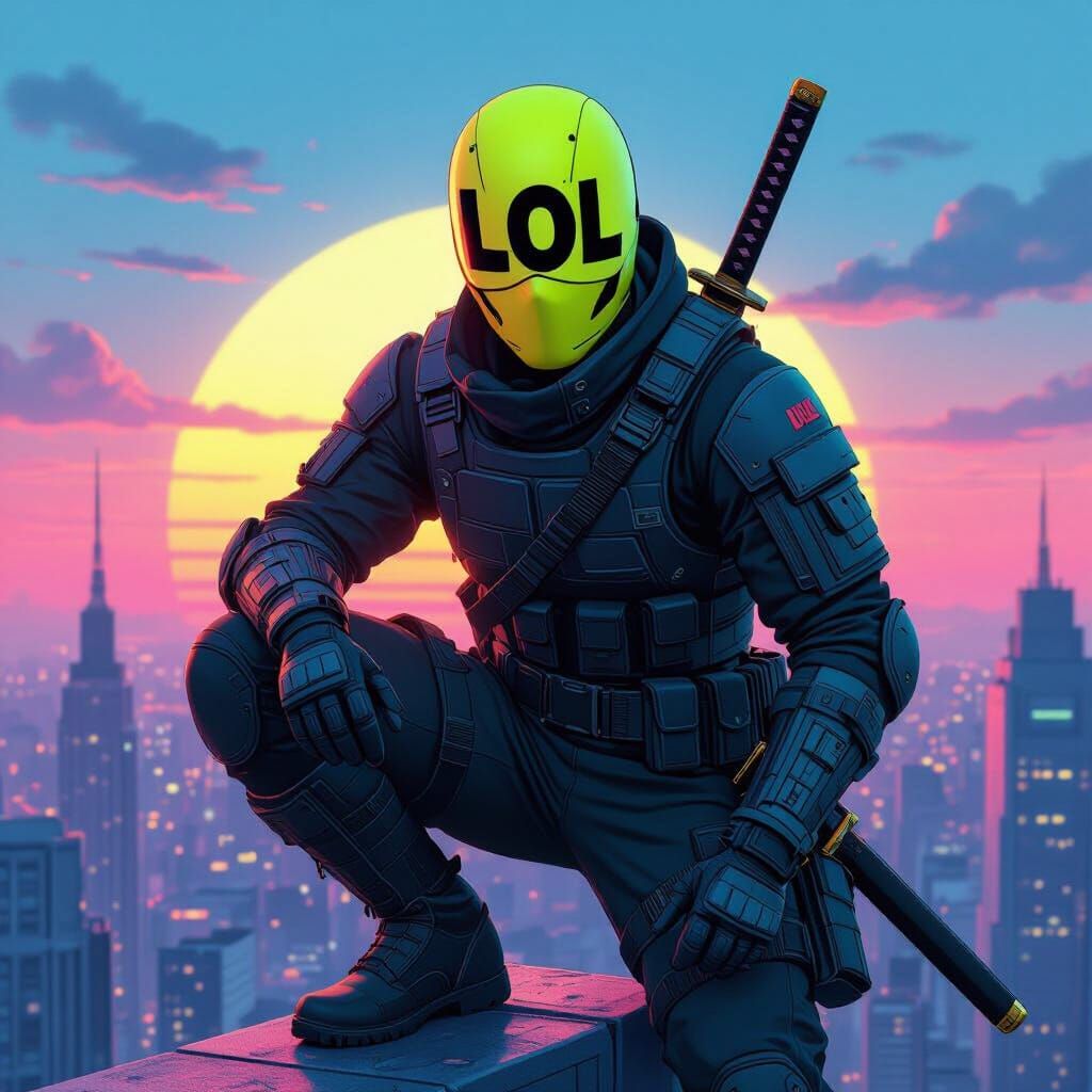 Vigilante with Katana in Synthwave Anime Style