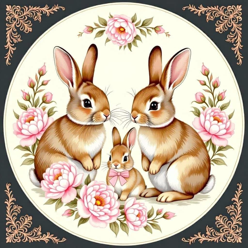 Laura Ashley Style Rabbits with Pink Peonies and Bows