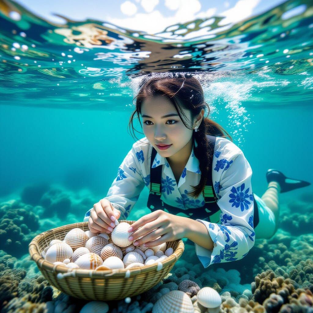 Japanese Ama Diver Collects Pearls Underwater