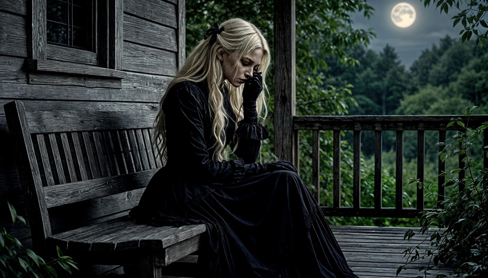 Gothic Woman Weeping on Porch at Night
